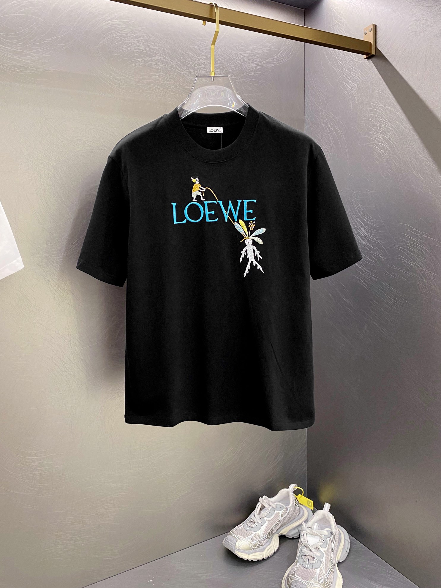 Loewe Clothing T-Shirt Black White Embroidery Short Sleeve