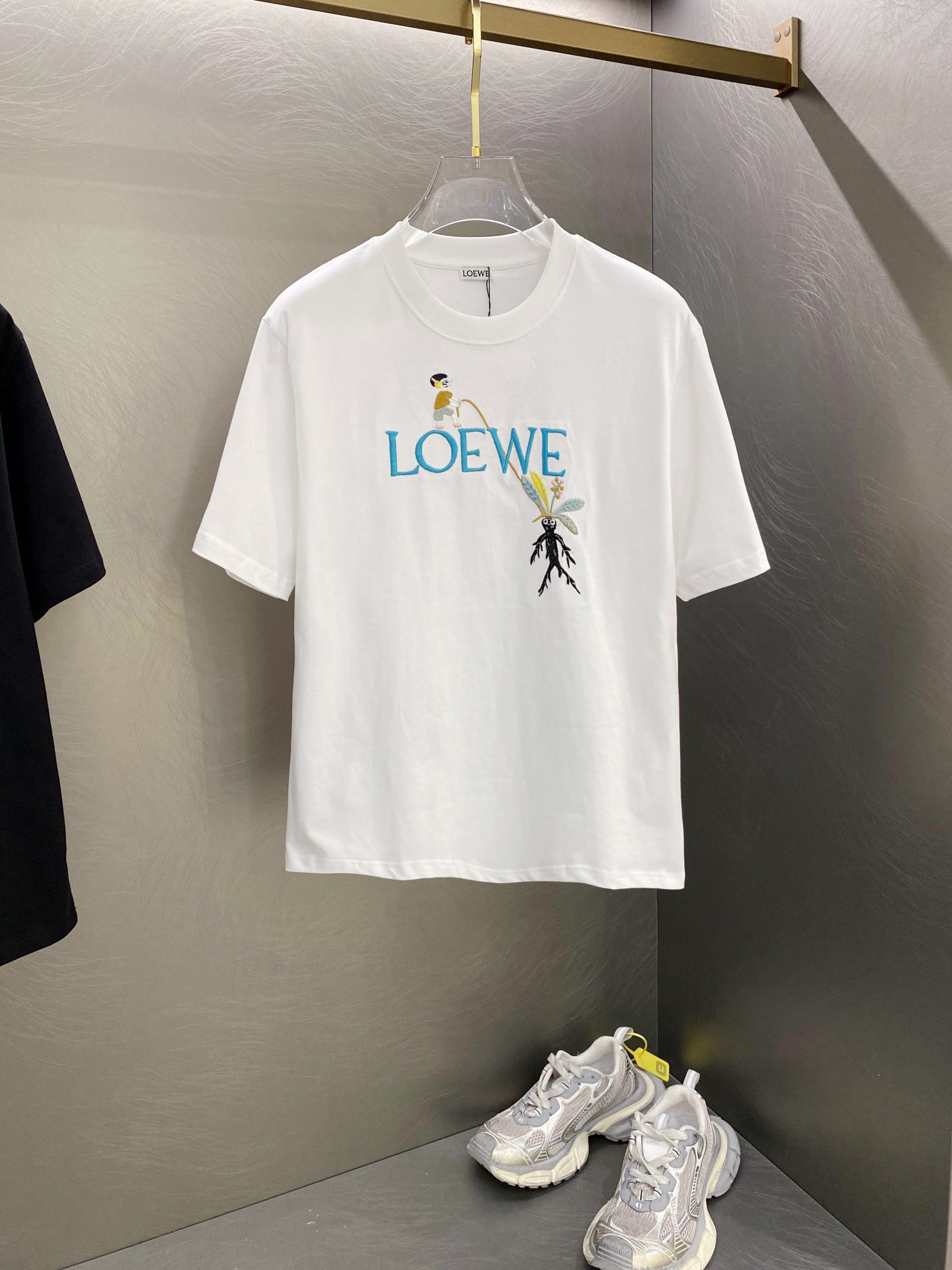 Loewe Clothing T-Shirt Black White Embroidery Short Sleeve