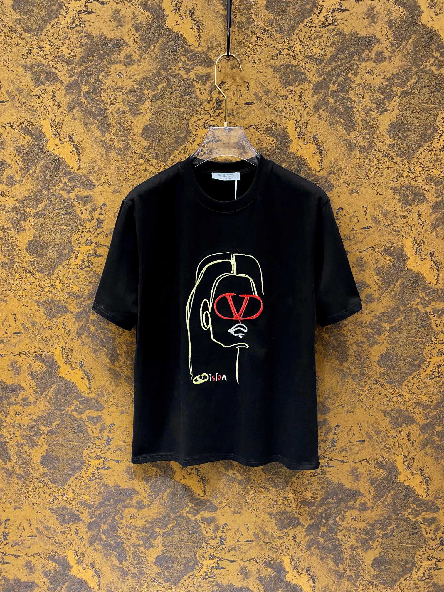 Valentino Kleidung T-Shirt Schwarz Weiß Stickerei Baumwolle Fashion Kurzarm