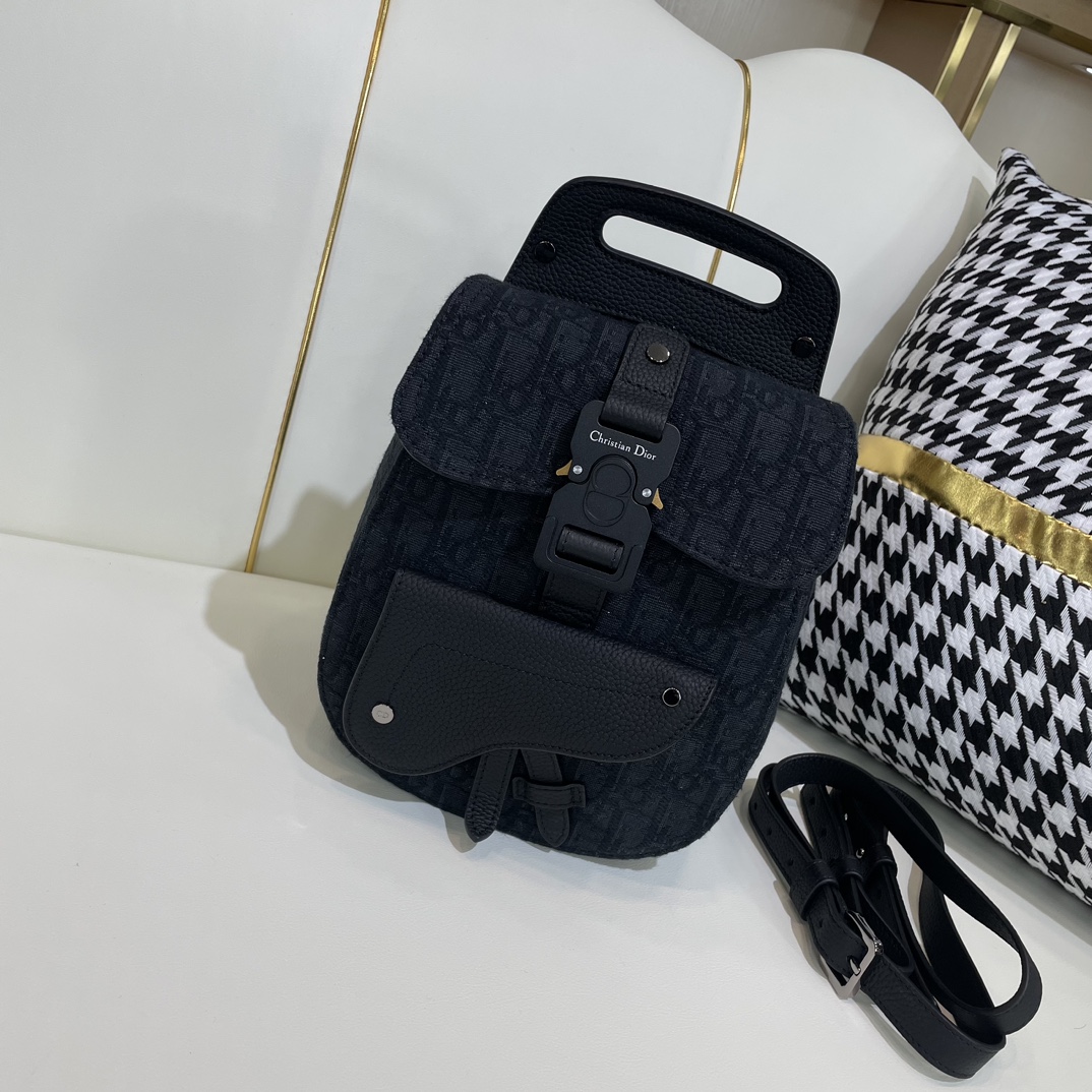 Dior Backpack Saddle Bags Black Cowhide Nylon Oblique Mini