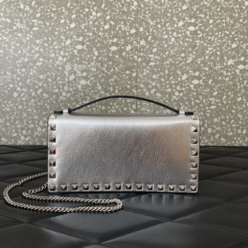 Valentino Garavani Silver Roman Stud Flap Bag with Chain Strap 1 Valentino Garavani Silver Roman Stud Flap Bag with Chain Strap