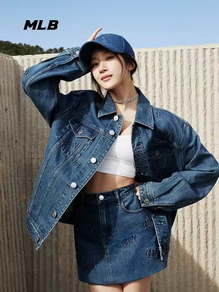 MLB NY Jacquard Denim Jacket, Unisex Trendy All-match Style, Blue, S-2XL