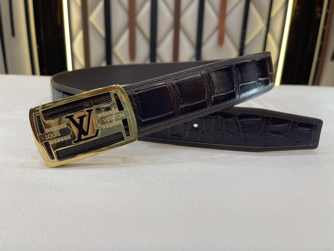 LV大板扣新款经典原单品质头层牛皮鳄鱼肚皮纹搭配原单精品钢扣精工制作细节看图实物拍摄高端奢华宽度4.0c