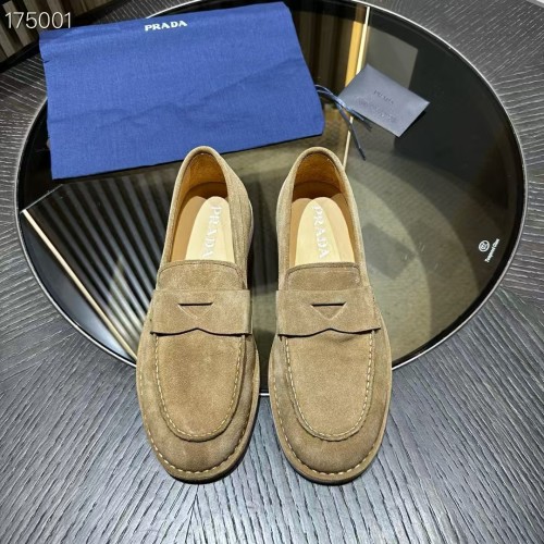 Prada Leather Loafers with Enamel Triangle Logo, Tan, Men Size 39-44