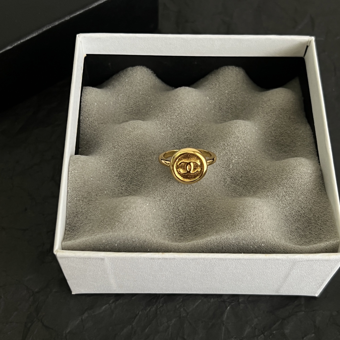 Chanel CC Logo Round Signet ring gold tone metal adjustable open band