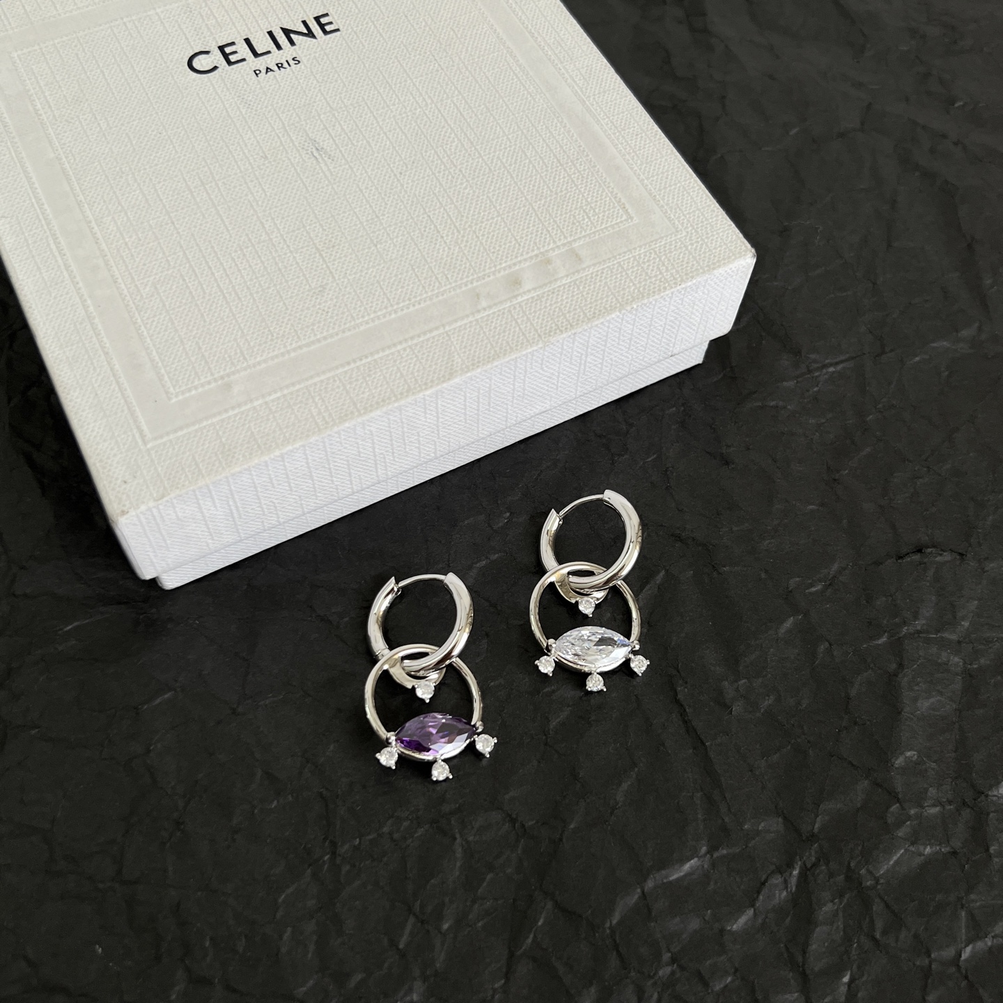 Celine Crystal Interlocking Hoop Earrings earrings Silver-toned metal with clear and purple faceted crystals One Size hoop diameter approx 1 5cm