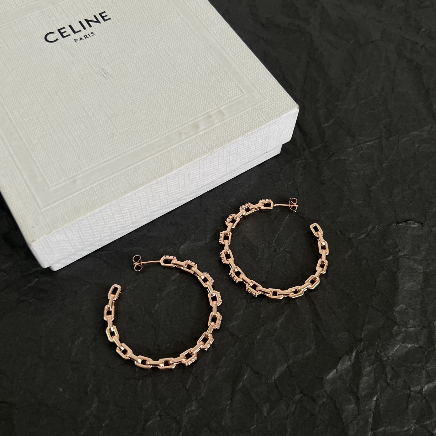 Celine Chain Link Crystal Hoop Earrings earrings Rose gold metal with clear crystal accents 40mm hoop diameter