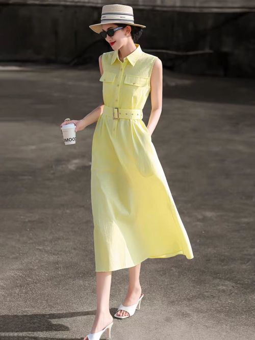 Elegant Linen Sleeveless Midi Dress with Belt, Turn-Down Collar, and Pockets 1 Elegant Linen Sleeveless Midi Dress with Belt, Turn-Down Collar, and Pockets