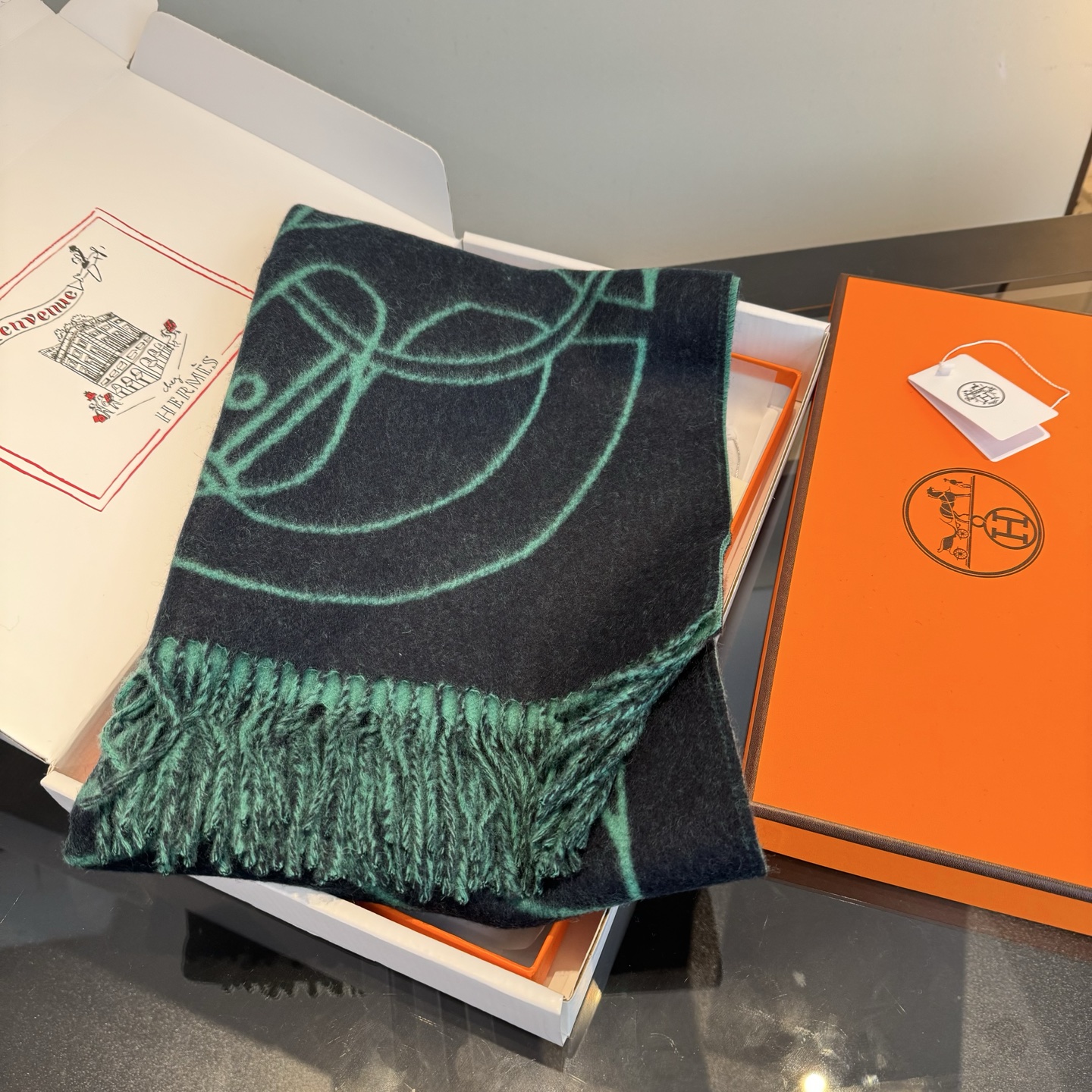 Hermès 爱马仕Casaque Entrelacs Equestres围巾 这款山羊绒围巾采用细腻的撞色提花编织