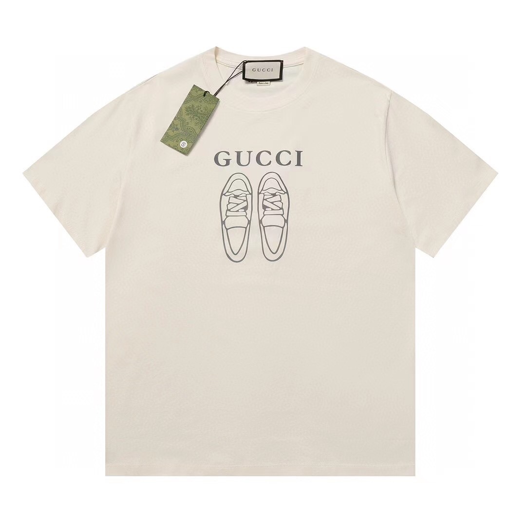 Gucci/Gucci 23SS Camiseta de manga corta con zapatos de dibujo nuevo, colores: negro/beige, tallas: XS S M L. La tela u…