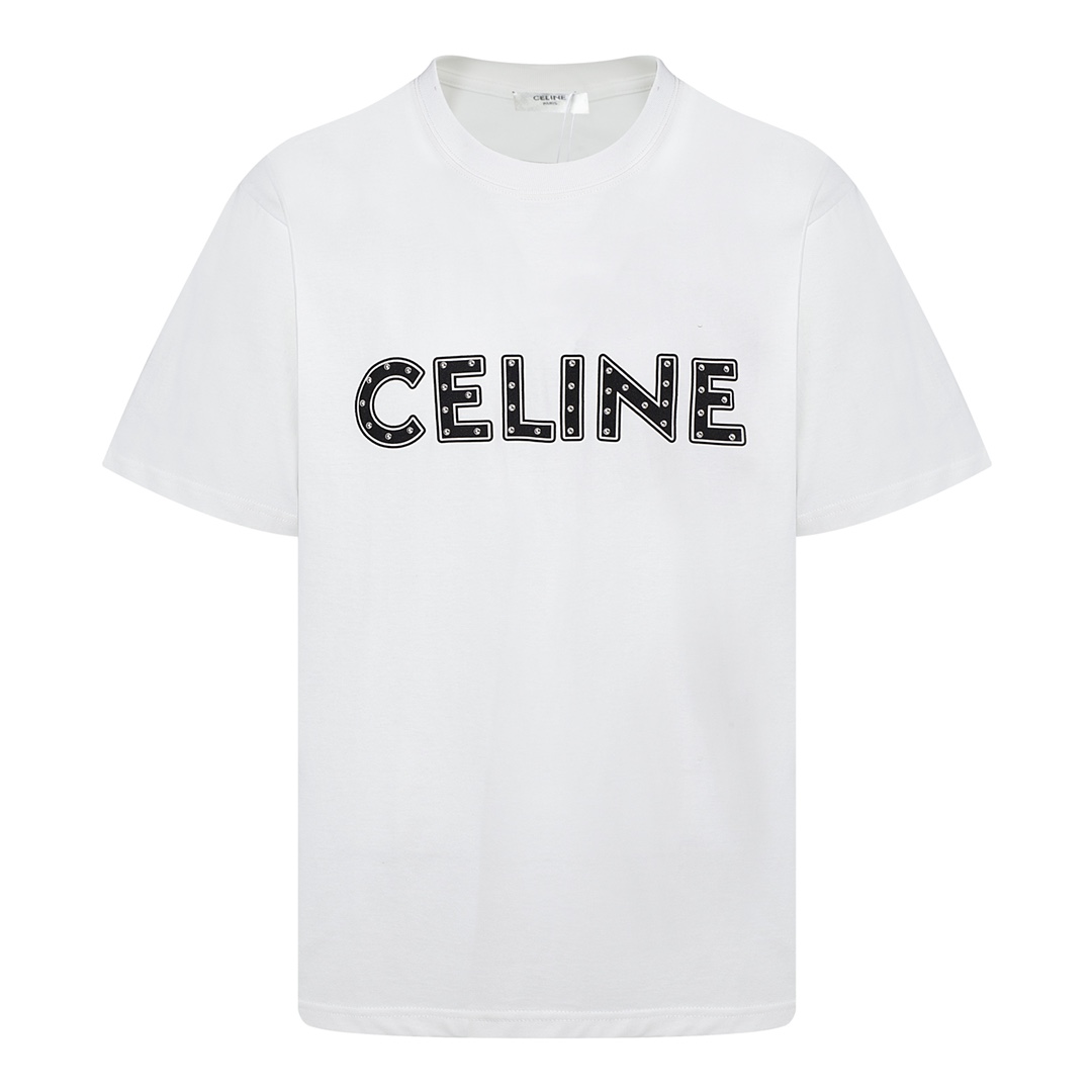 CELINE/赛琳 24ss camiseta de manga corta con tachuelas y parche, 260 gramos, 100% algodón puro, tejido de punto doble de …