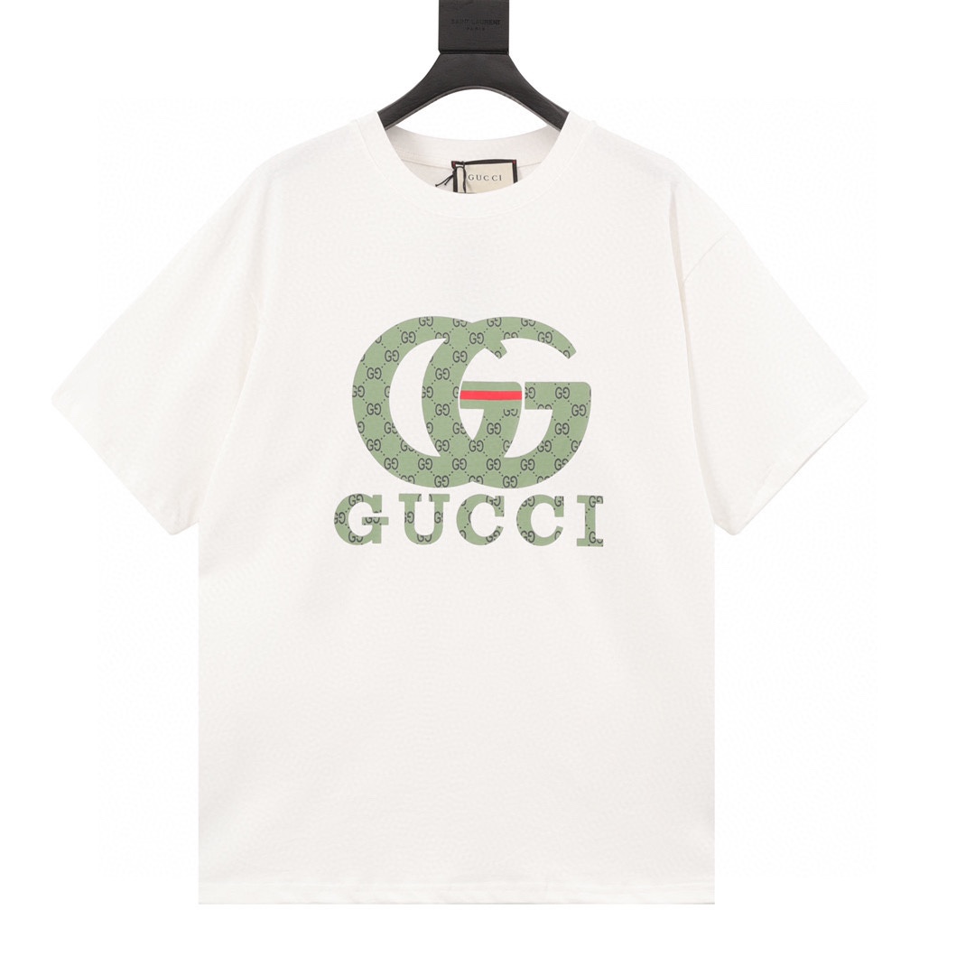 GUCCI/古驰 23SS camiseta de manga corta con doble G verde estampada. Sincronizada con tiendas, alta calidad, alta versión…