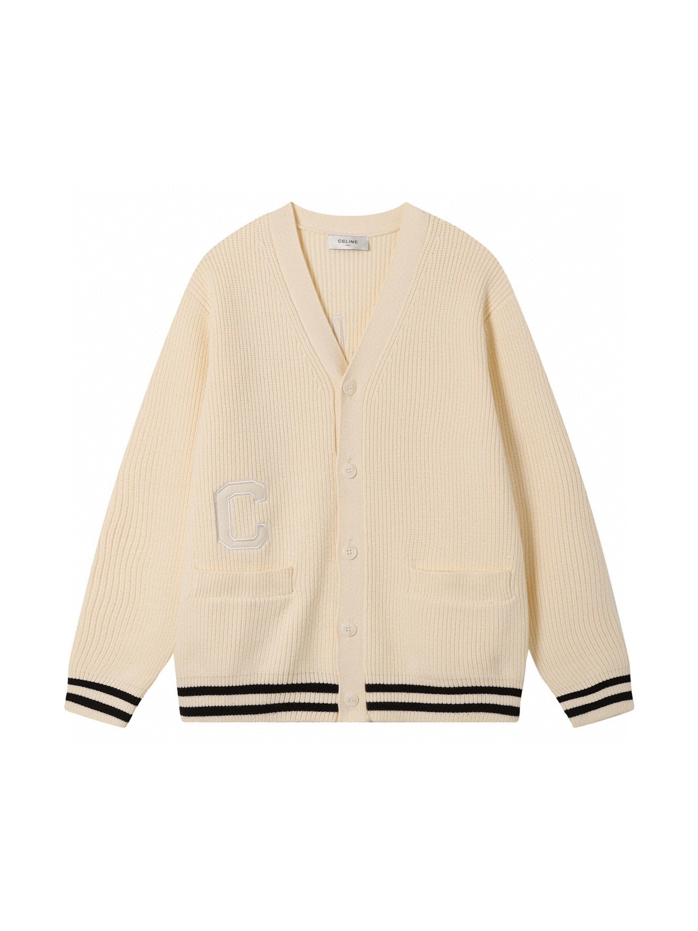 CELINE/Celine 23ss Cárdigan universitario de punto de algodón con parche PARIS, unisex, atención al detalle, búsqueda d…