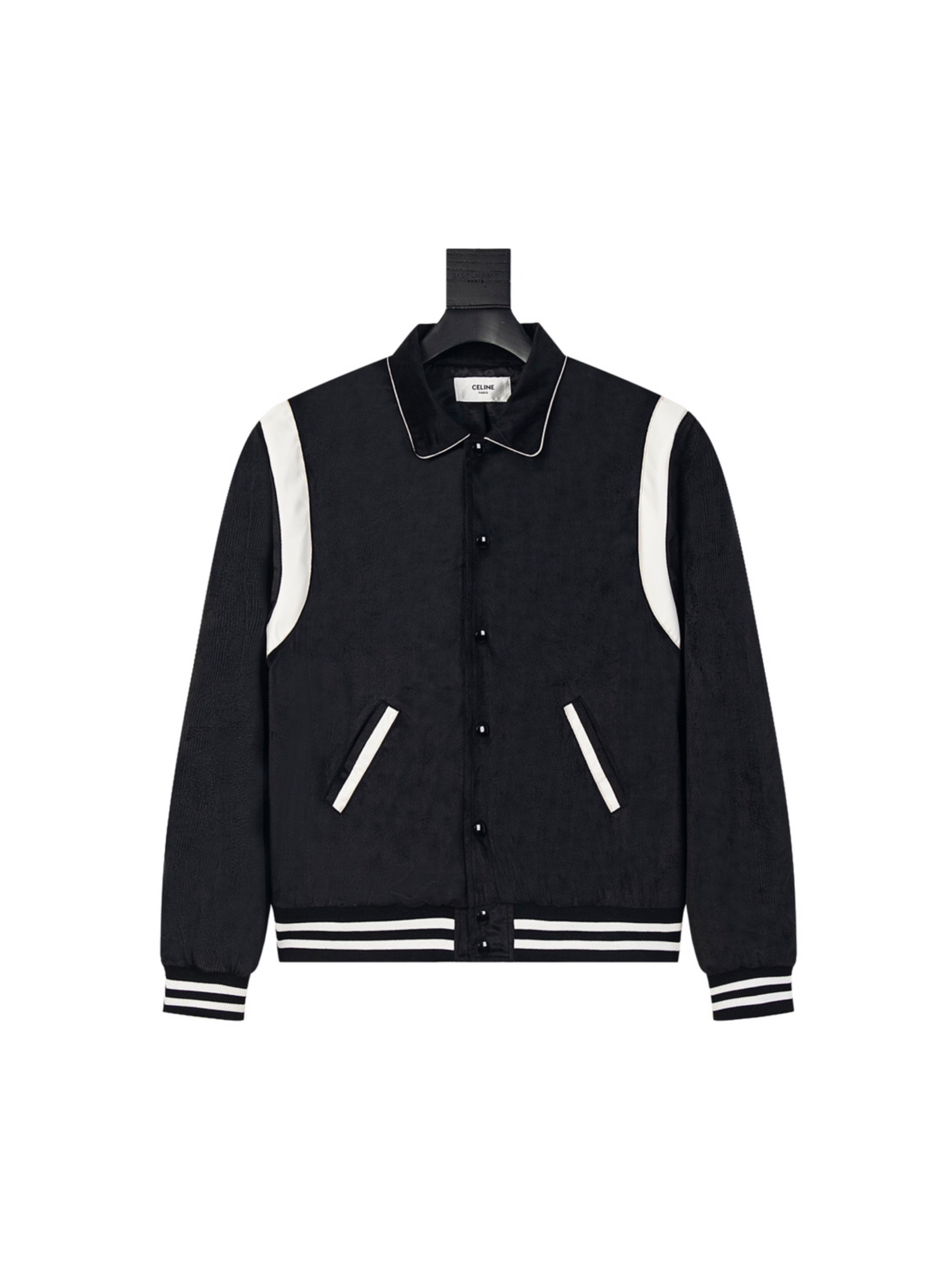 Celine/Celine Chaqueta de béisbol estilo universitario de pana, Celine 23FW nueva chaqueta de béisbol de pana negra de …