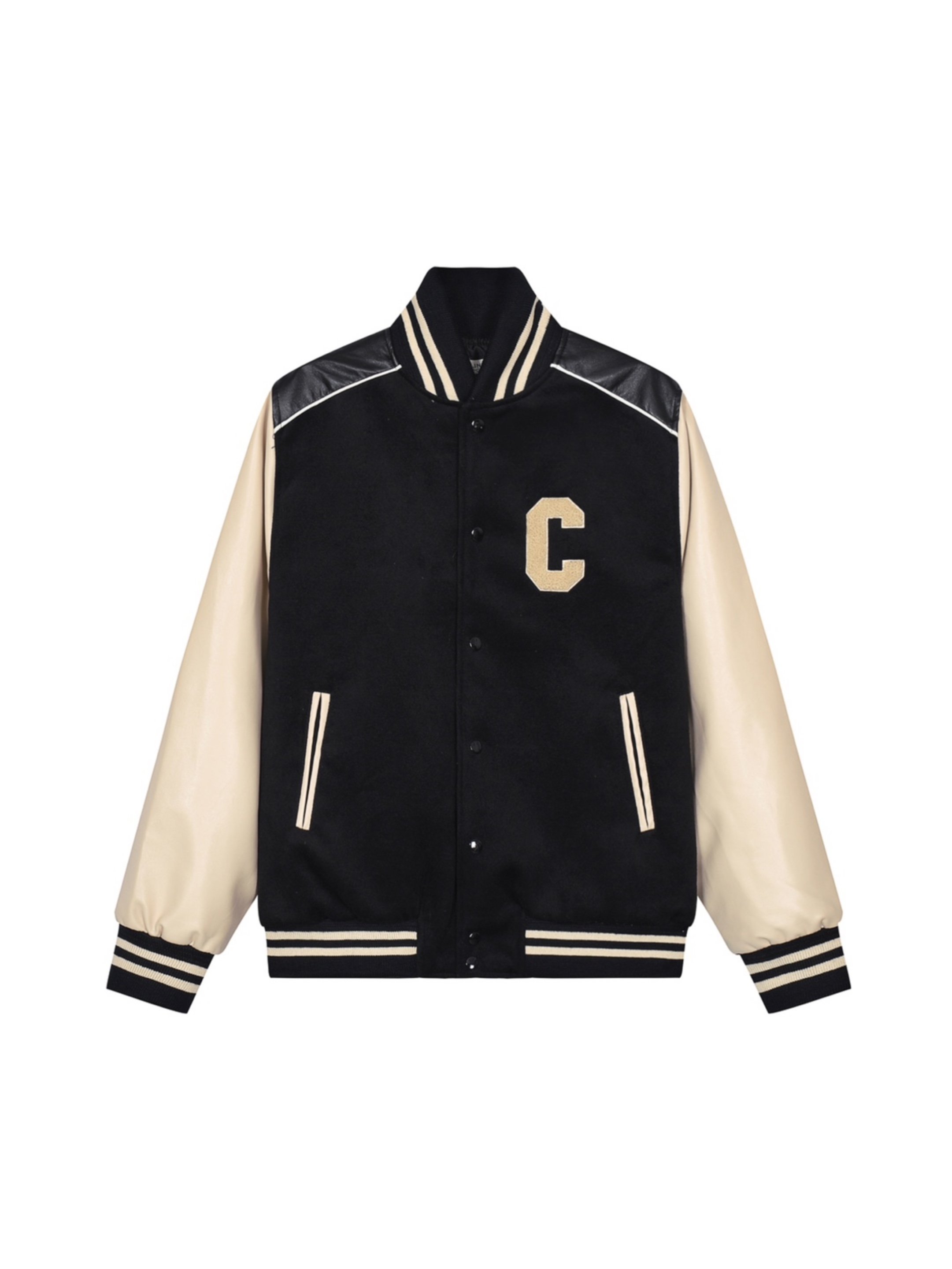Celine/Celine 23SS Chaqueta de béisbol Teddy con gran C bordado en toalla y cuero combinado, chaqueta de béisbol de cac…