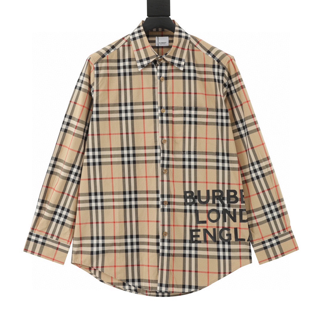 Alta calidad, a juego Burberry/ Burberry camisa de manga larga con logo de letras en el dobladillo de cuadros, teñido y…