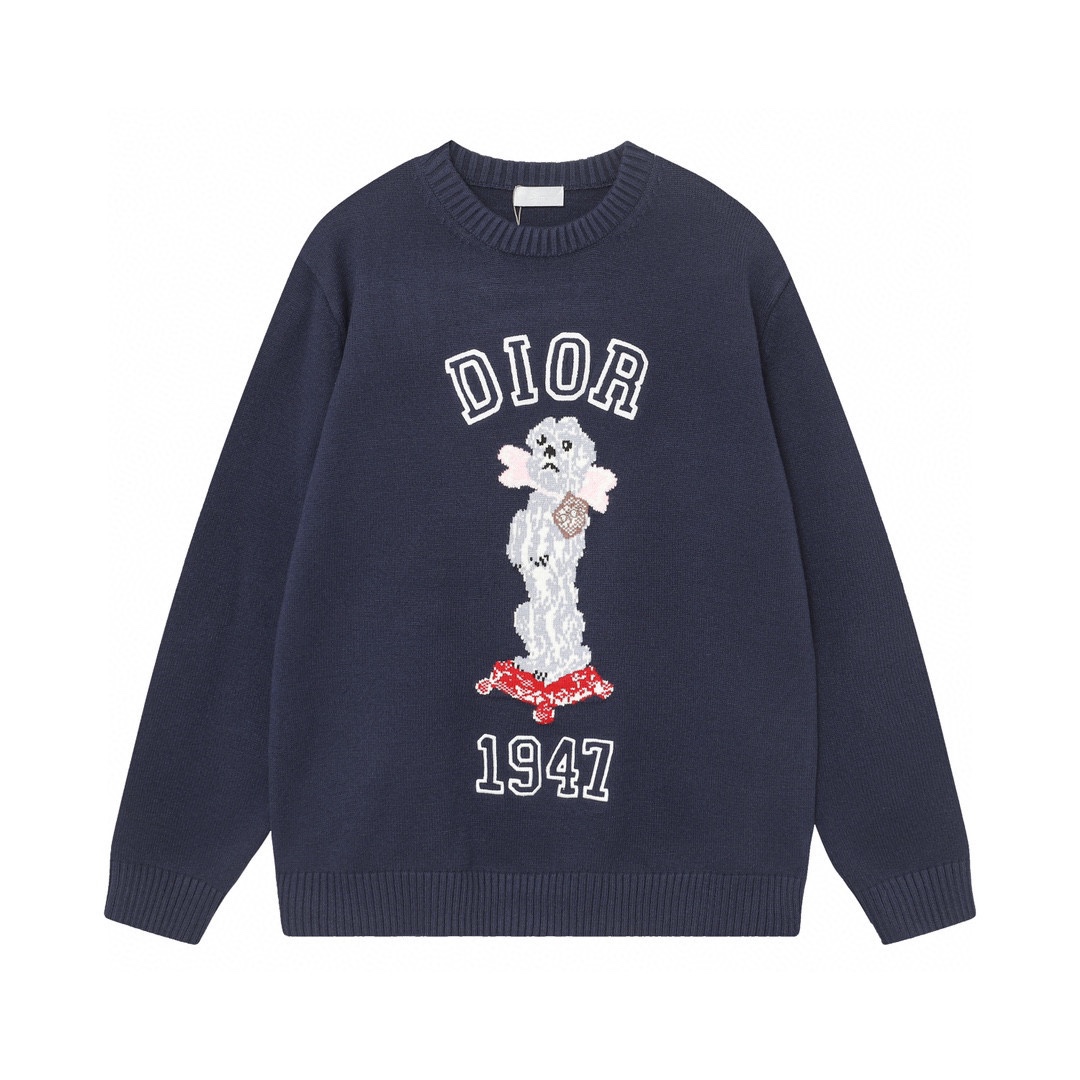 DIOR Animal Drawings Long Sleeve Sweaters in Navy Blue and Yellow - 图片 1