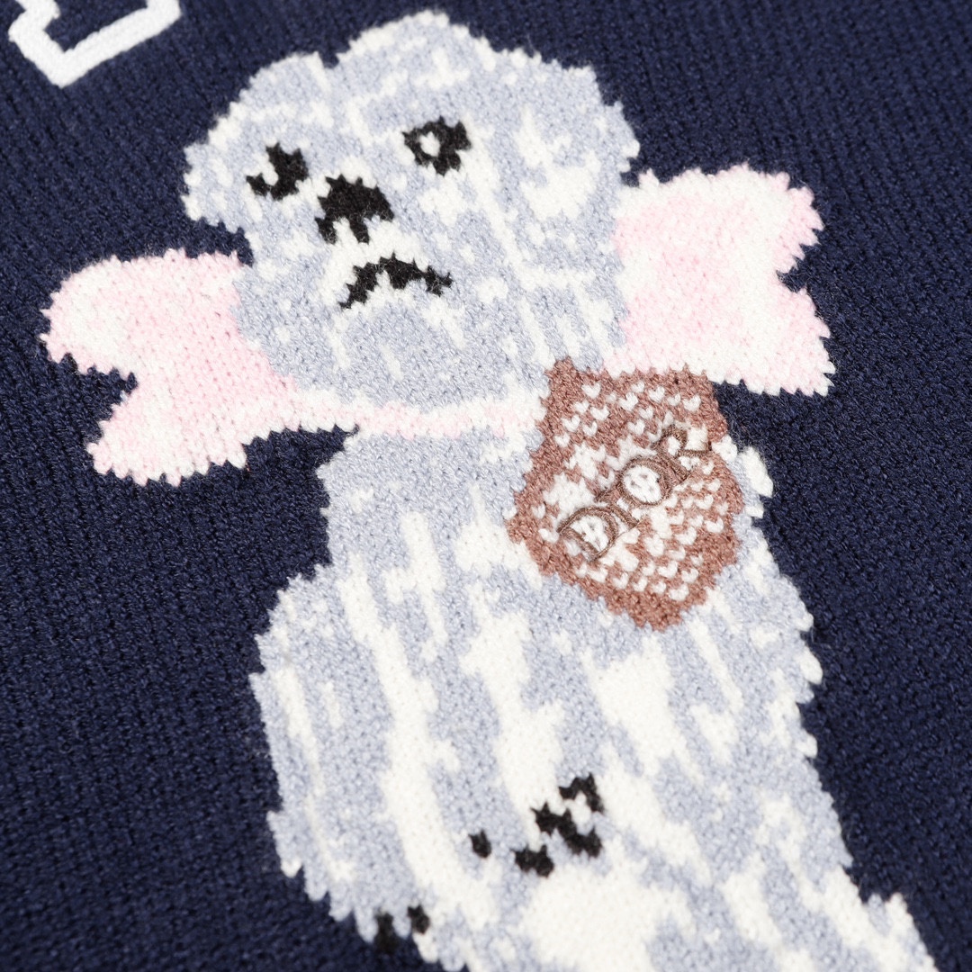 DIOR Animal Drawings Long Sleeve Sweaters in Navy Blue and Yellow - 图片 7