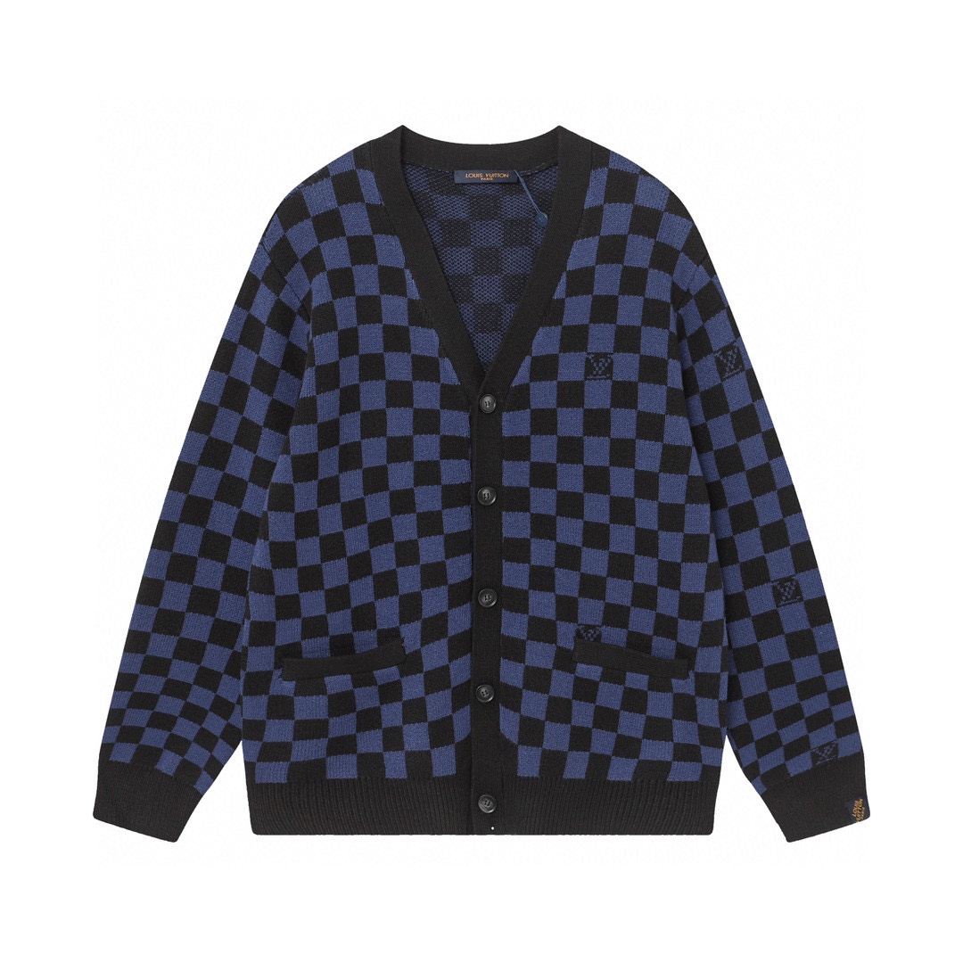 Louis Vuitton V-Collar Sweater with Wavy Damier Flower Design – Recreational Profile Knit - 图片 1