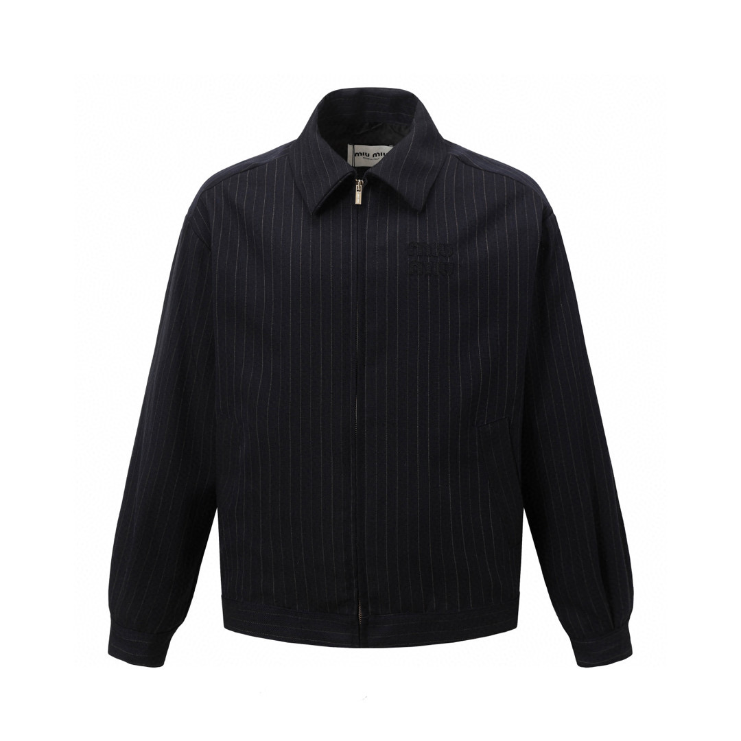 Miumiu Striped Jacket: Wool Blend, Laser Burnout, Embroidered Logo, Elegant Design - 图片 1