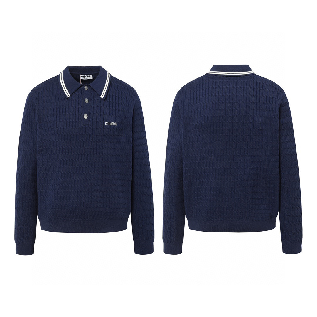 Miu Miu Women's Navy Cable-Knit Cotton Polo Sweater with Mother-of-Pearl Buttons 11 i1740819463222 7679 0 8
