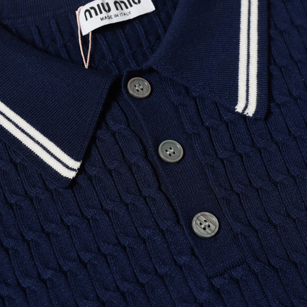 Miu Miu Women's Navy Cable-Knit Cotton Polo Sweater with Mother-of-Pearl Buttons 5 i1740819463225 9282 0 3