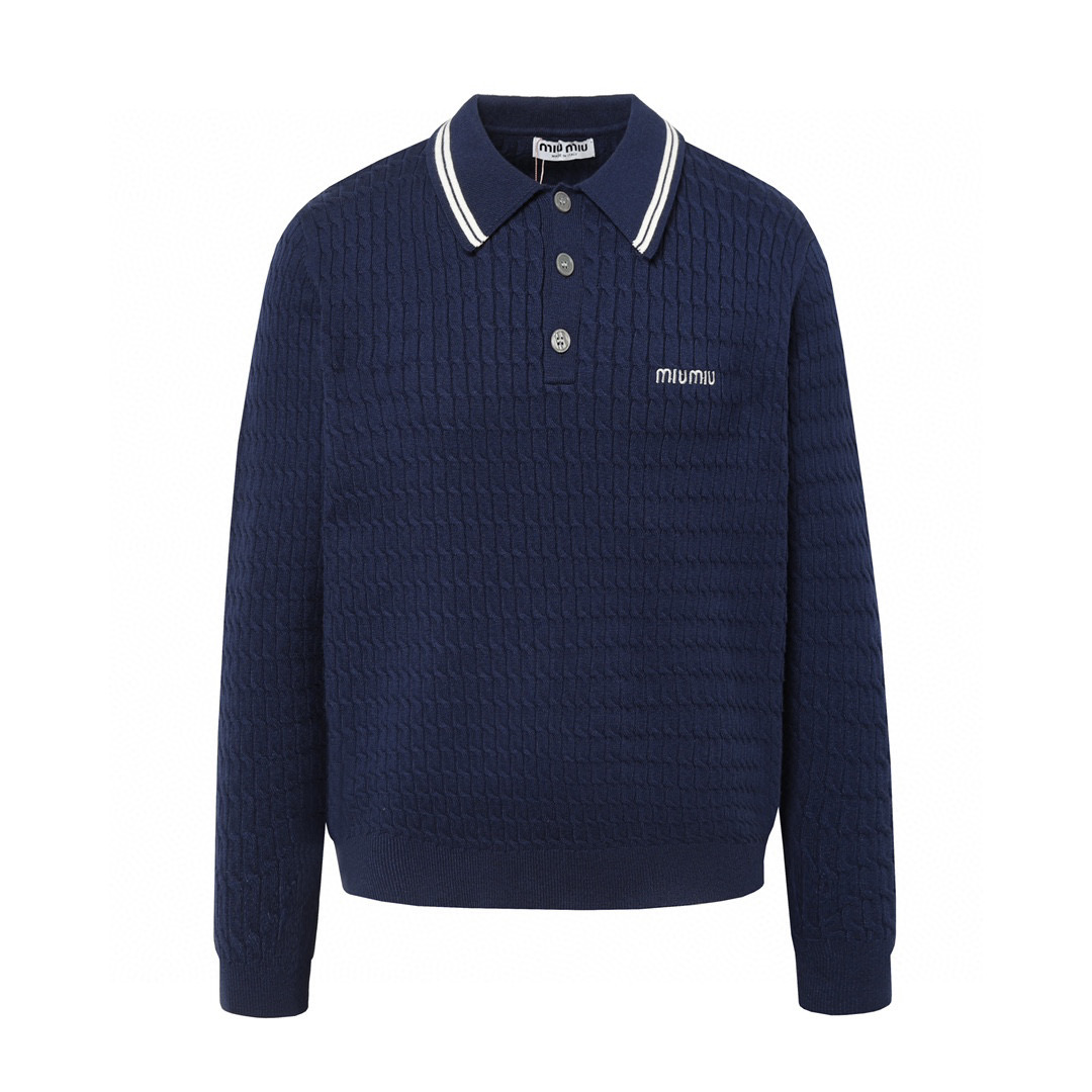 Miu Miu Women's Navy Cable-Knit Cotton Polo Sweater with Mother-of-Pearl Buttons 2 i1740819464909 8439 0 0
