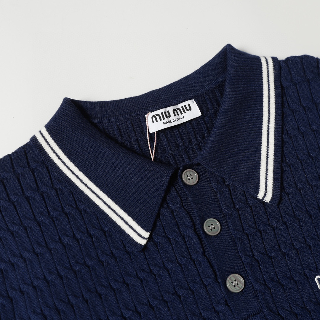 Miu Miu Women's Navy Cable-Knit Cotton Polo Sweater with Mother-of-Pearl Buttons 4 i1740819464912 4783 0 2