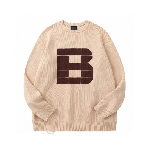 Balenciaga Beige Knit Sweater with Intarsia "B" Logo - Casual & Comfortable 1 Balenciaga Beige Knit Sweater with Intarsia "B" Logo - Casual & Comfortable