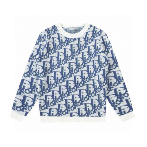 Pull en Tricot Jacquard Laine Dior Homme Femme, Motif Oblique Bleu 1 Pull en Tricot Jacquard Laine Dior Homme Femme, Motif Oblique Bleu