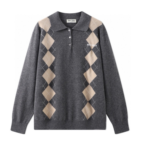 Miu Miu Fall Gray Argyle Long Sleeve Polo Sweater, Urban Academic Style 1 Miu Miu Fall Gray Argyle Long Sleeve Polo Sweater, Urban Academic Style