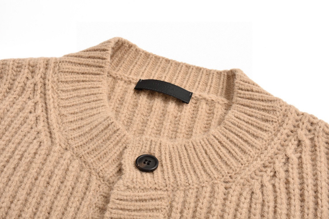 Prada 22FW Khaki Wool Cardigan with Embroidered Logo - Coarse Knit 4 i1740823560435 9020 0 2