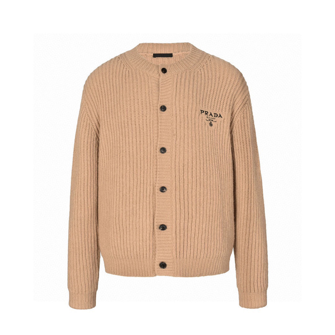 Prada 22FW Khaki Wool Cardigan with Embroidered Logo - Coarse Knit 2 i1740823561572 603 0 0