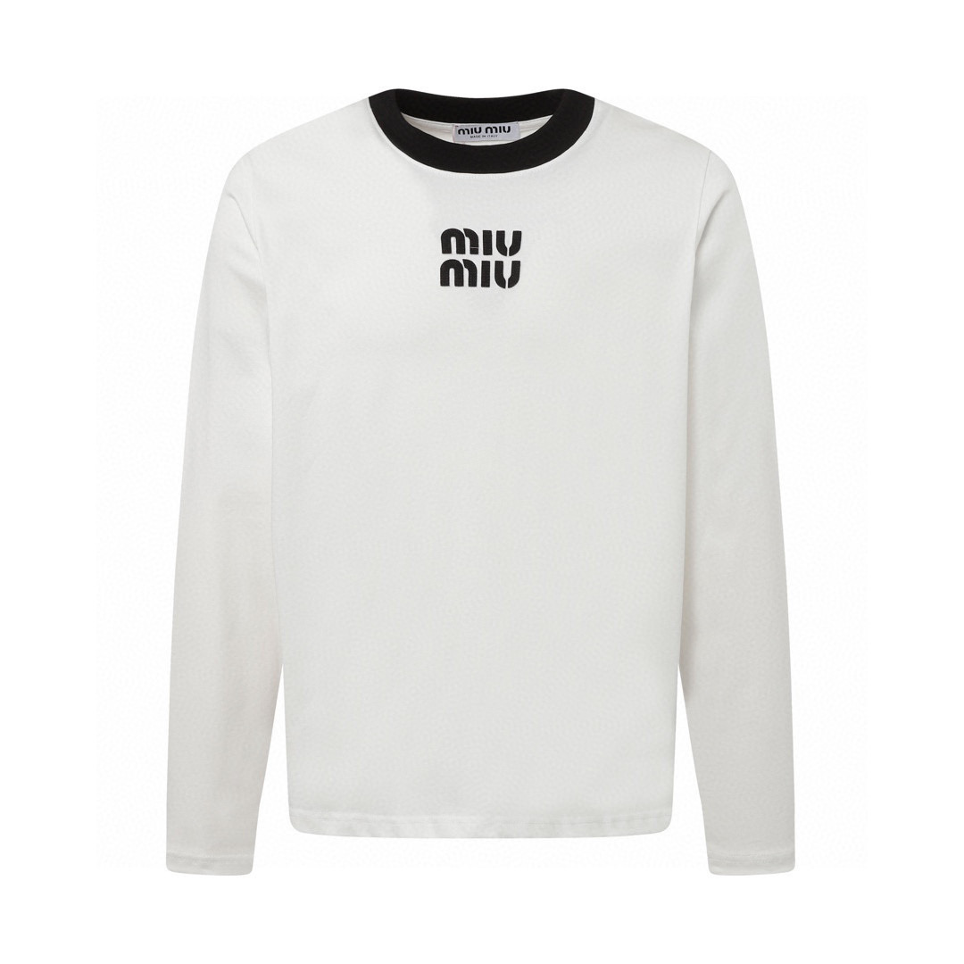 Miu Miu Knitted Cotton Sweater with High Cuffs in White, Unisex Fashion Statement - 图片 1