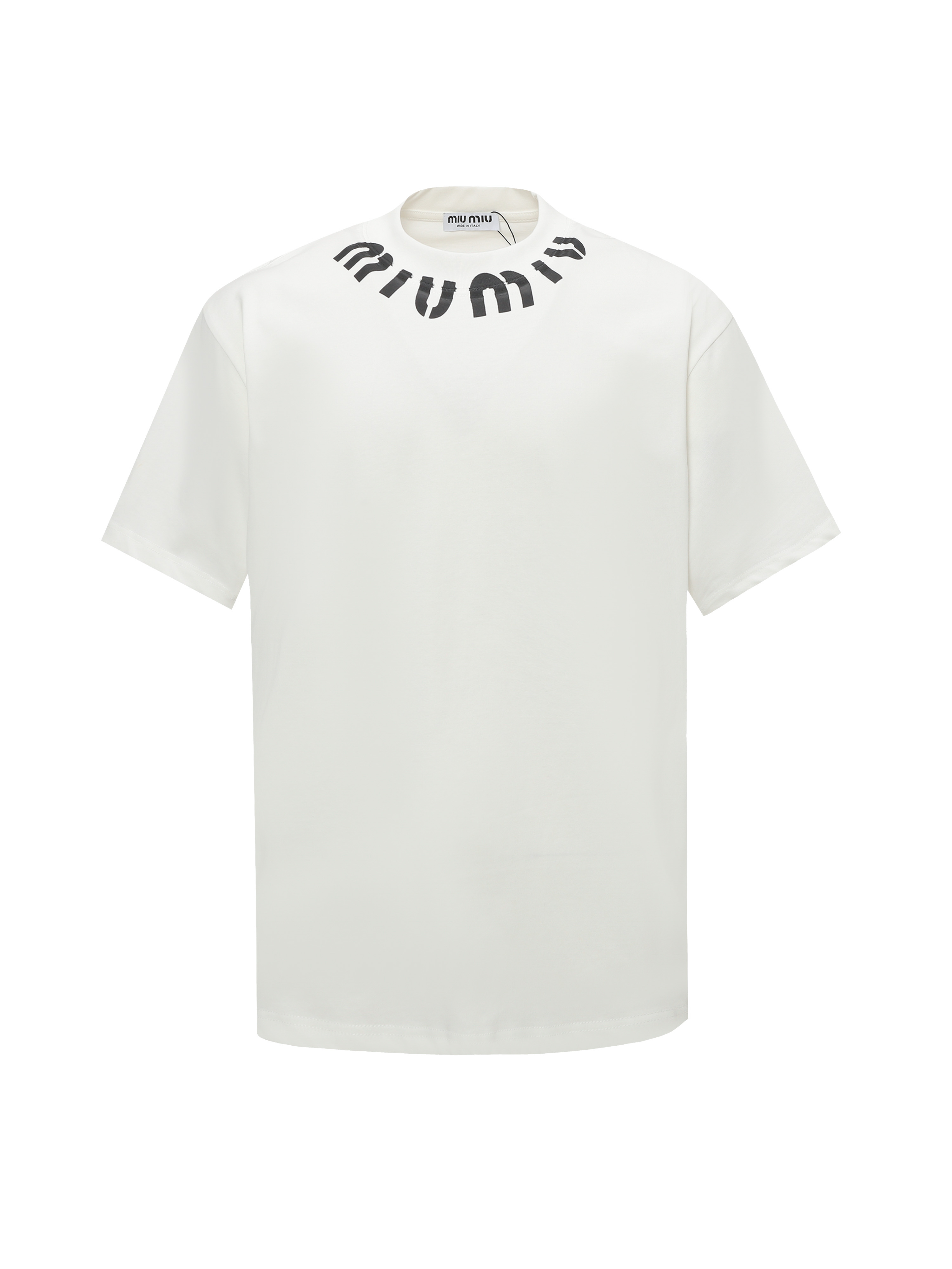 MIUMIU/Miu Miu 25ss Camiseta de cuello redondo de manga corta con letras en serigrafía Tejido de algodón de azufre fino…