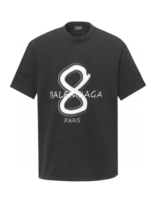 Balenciaga Camiseta de Manga Corta con Logo Estampado en Algodón Lavado Negro 1 Balenciaga Camiseta de Manga Corta con Logo Estampado en Algodón Lavado Negro