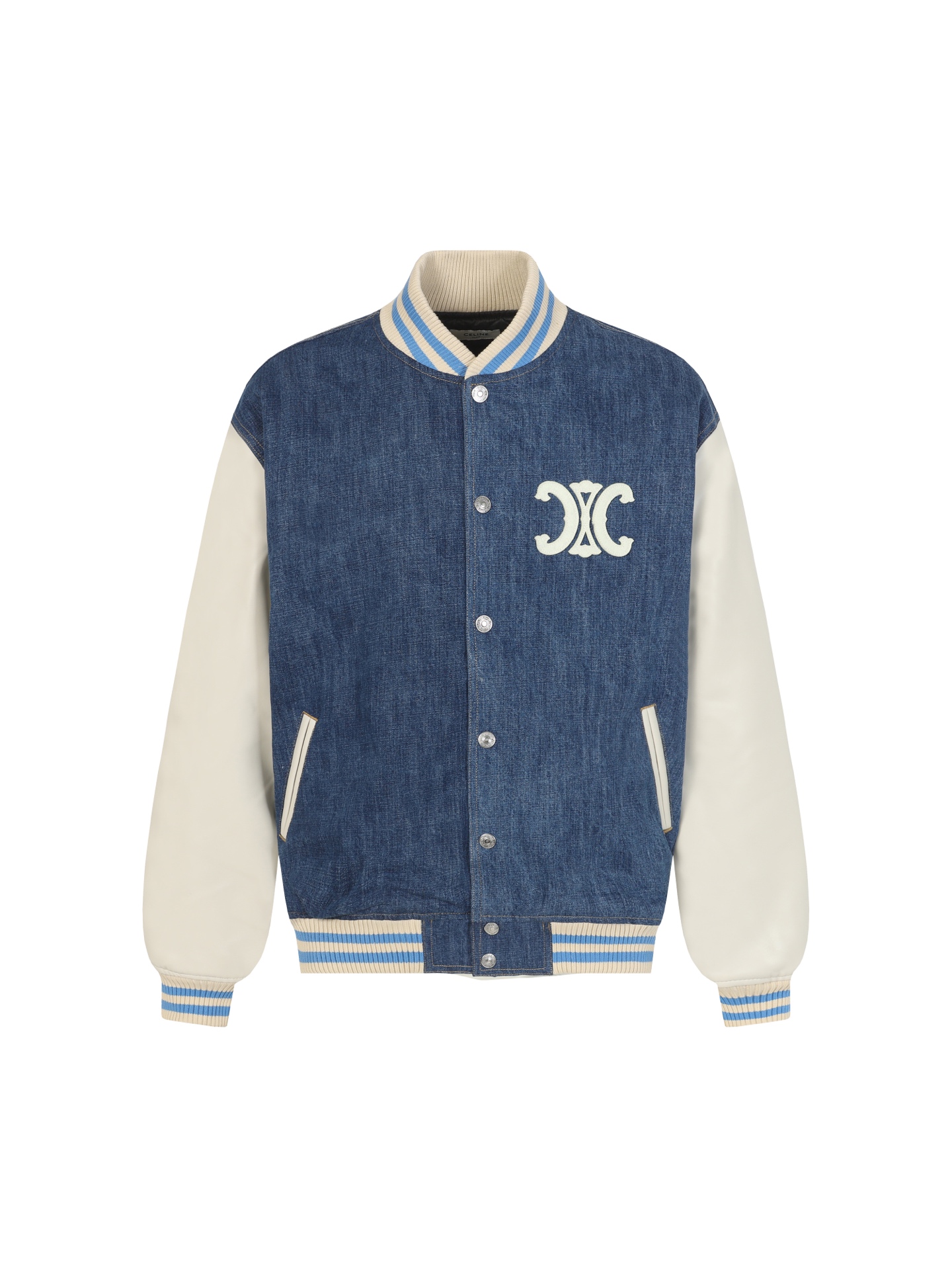 Celine Chaqueta Baseball Denim con Mangas de Cuero para Hombre y Mujer