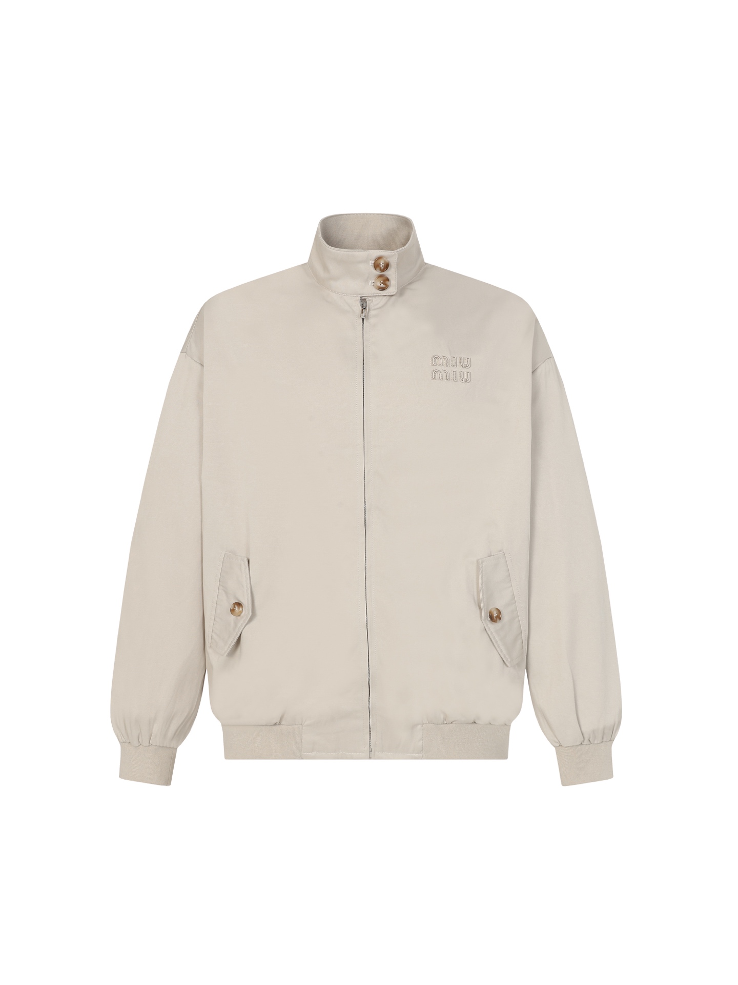 Miu Miu Logo Harrington Jacket - Red Plaid Interior, Cotton Twill, Beige