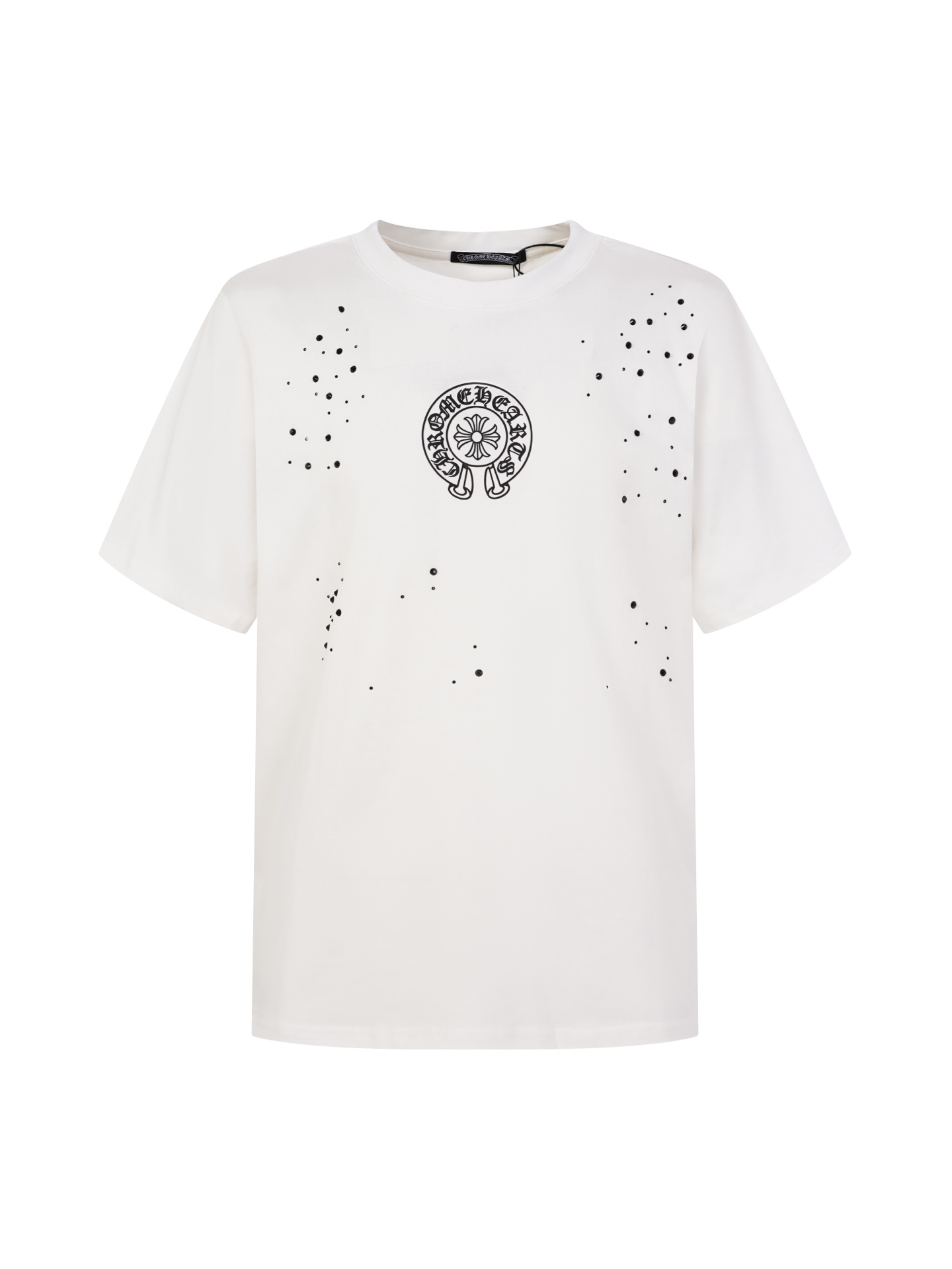 P75 Louis Vuitton Camiseta de manga corta con estampado de herradura y pedrería. Tejido personalizado, detalles de esta…