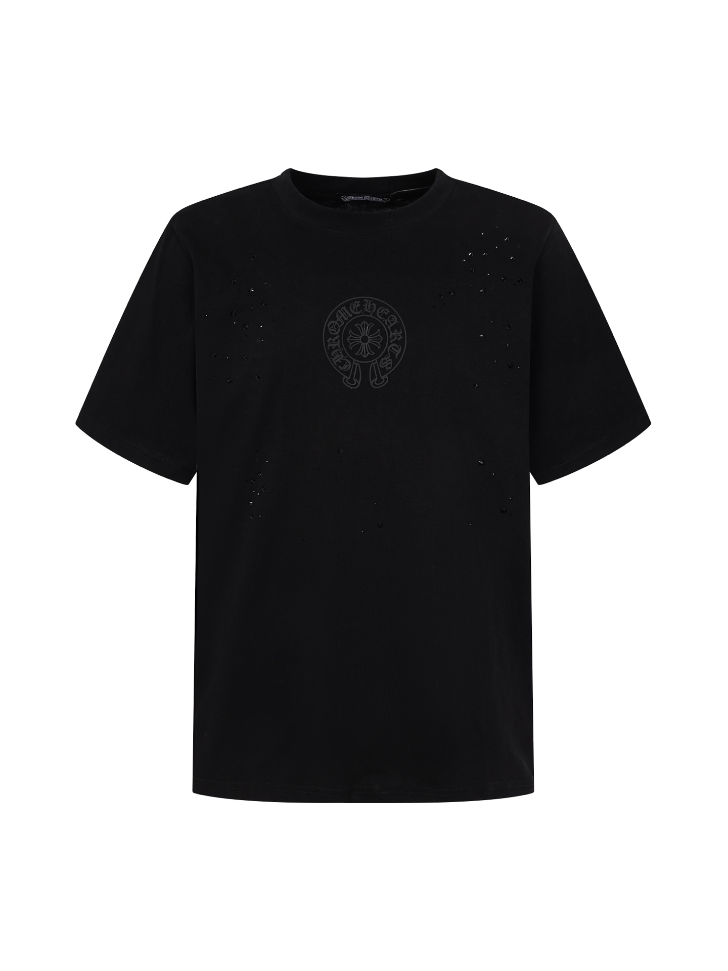 P75 Louis Vuitton Camiseta de manga corta con estampado de herradura y pedrería. Tejido personalizado, detalles de esta…