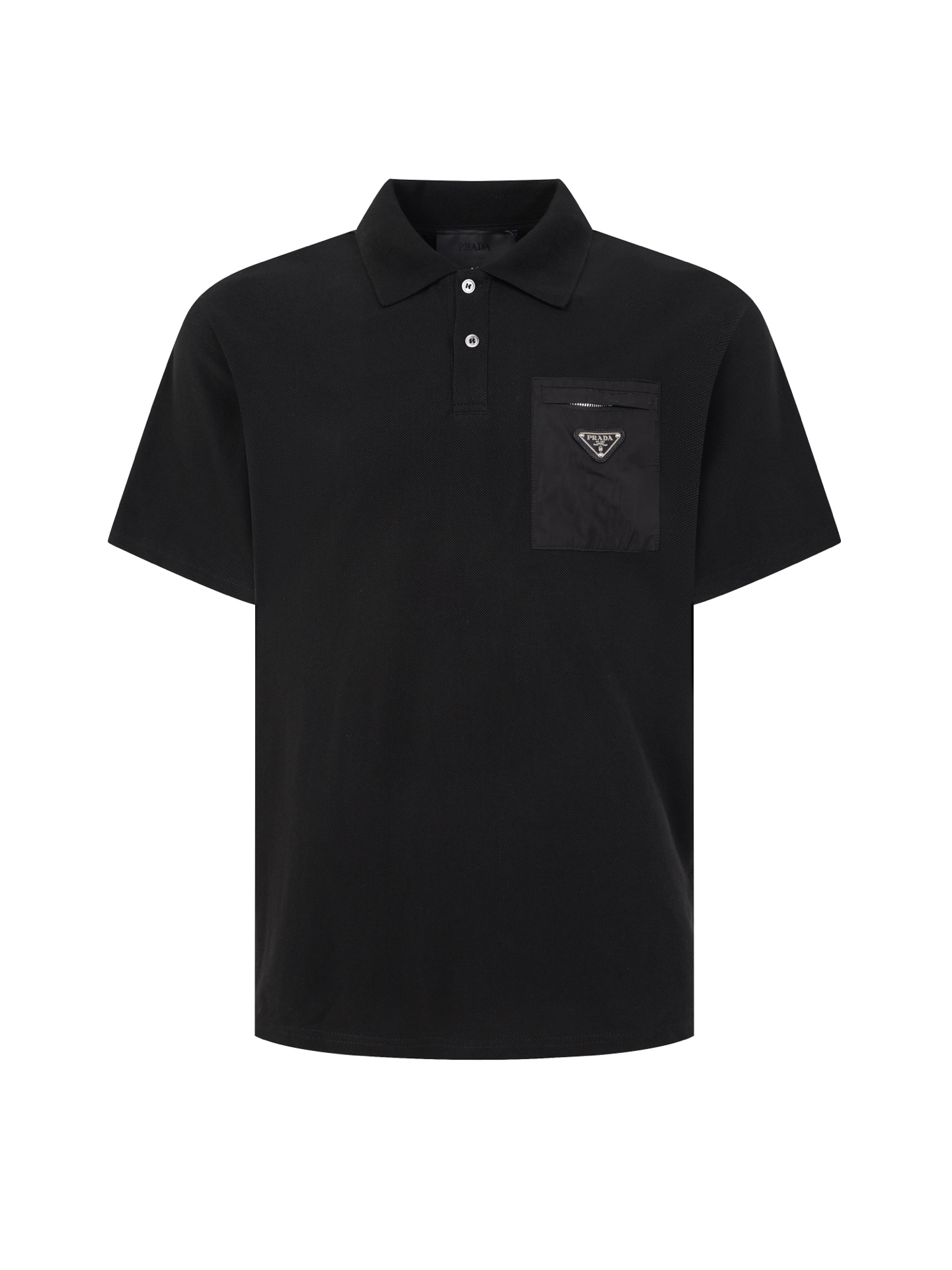 @115 (versión superior) Camisa POLO de manga corta con bolsillo con cremallera y logo triangular bicolor PRADA PRD. Aut…