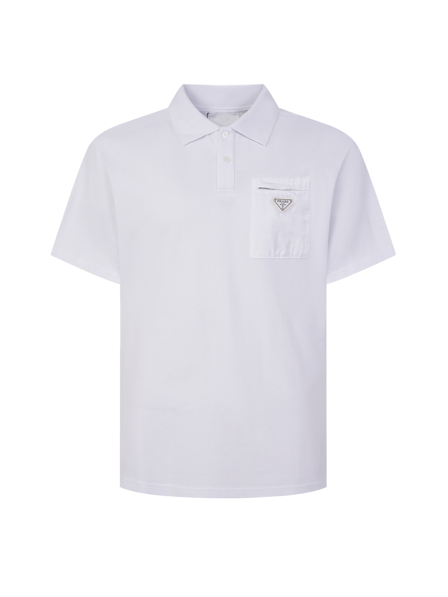 @115 (versión superior) Camisa POLO de manga corta con bolsillo con cremallera y logo triangular bicolor PRADA PRD. Aut…