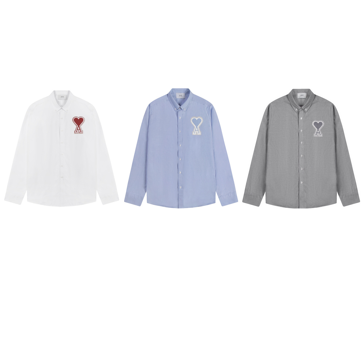 Camisa de manga larga de algodón oxford liso P103 Ami con bordado de parche, colores: blanco, azul claro, gris, tallas:…