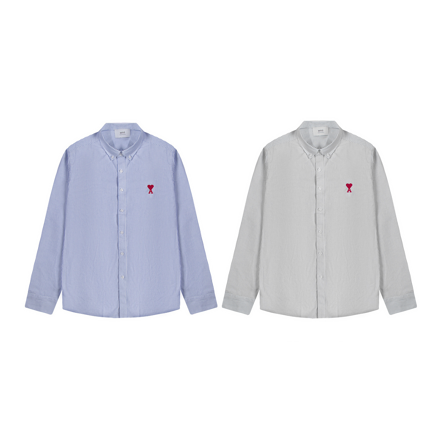 Camisa de manga larga de algodón oxford P103 Ami con bordado de corazón y etiqueta pequeña de rayas, colores: rayas azu…
