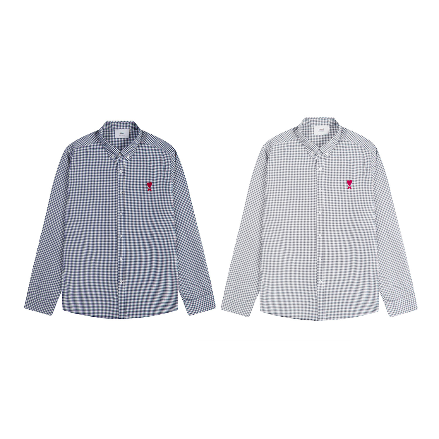Camisa de manga larga de algodón oxford P103 Ami con bordado de logo pequeño de cuadros, colores: cuadros azu…
