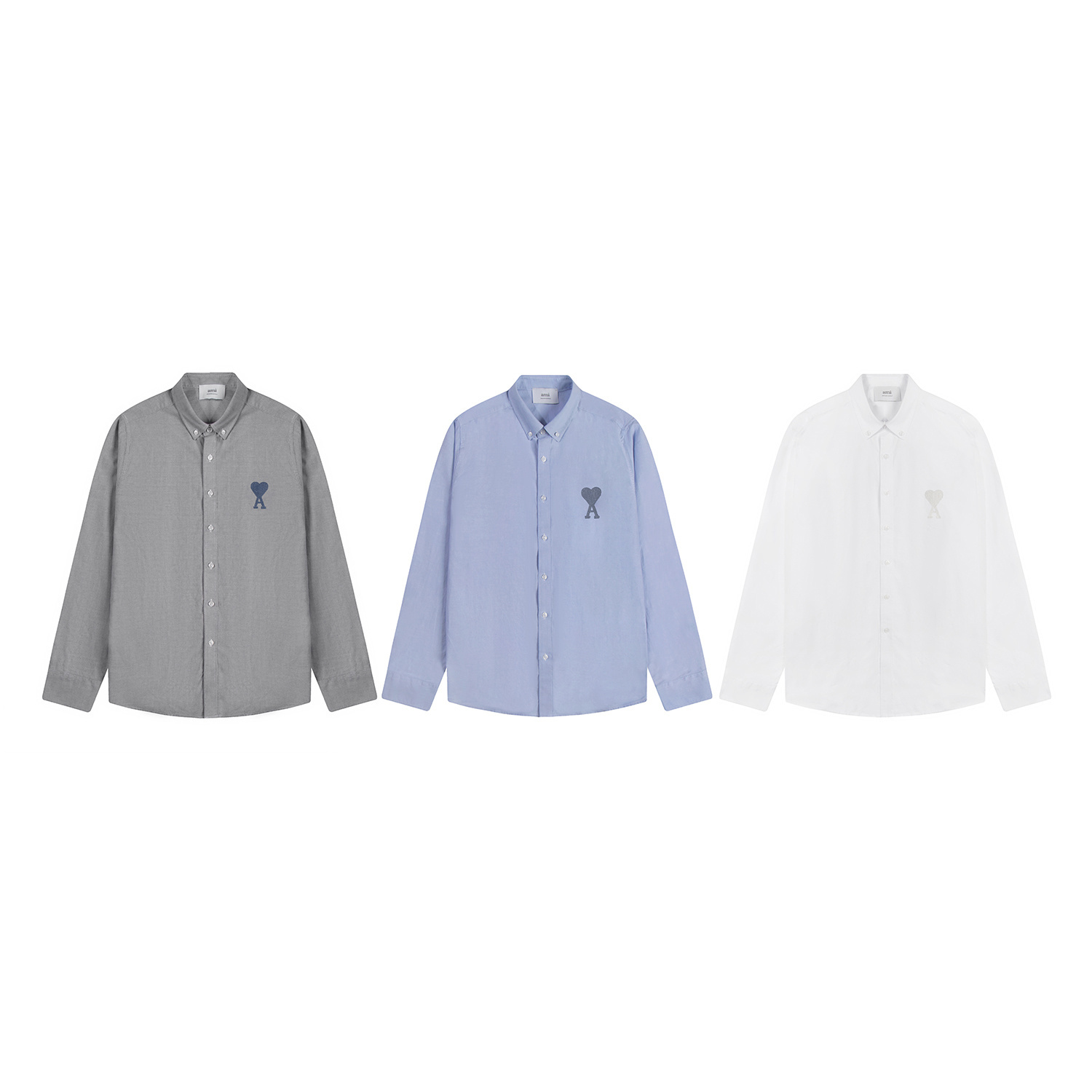 Camisa de manga larga de algodón oxford liso P103 Ami con bordado, colores: blanco, azul claro, gris, tallas: S-XL