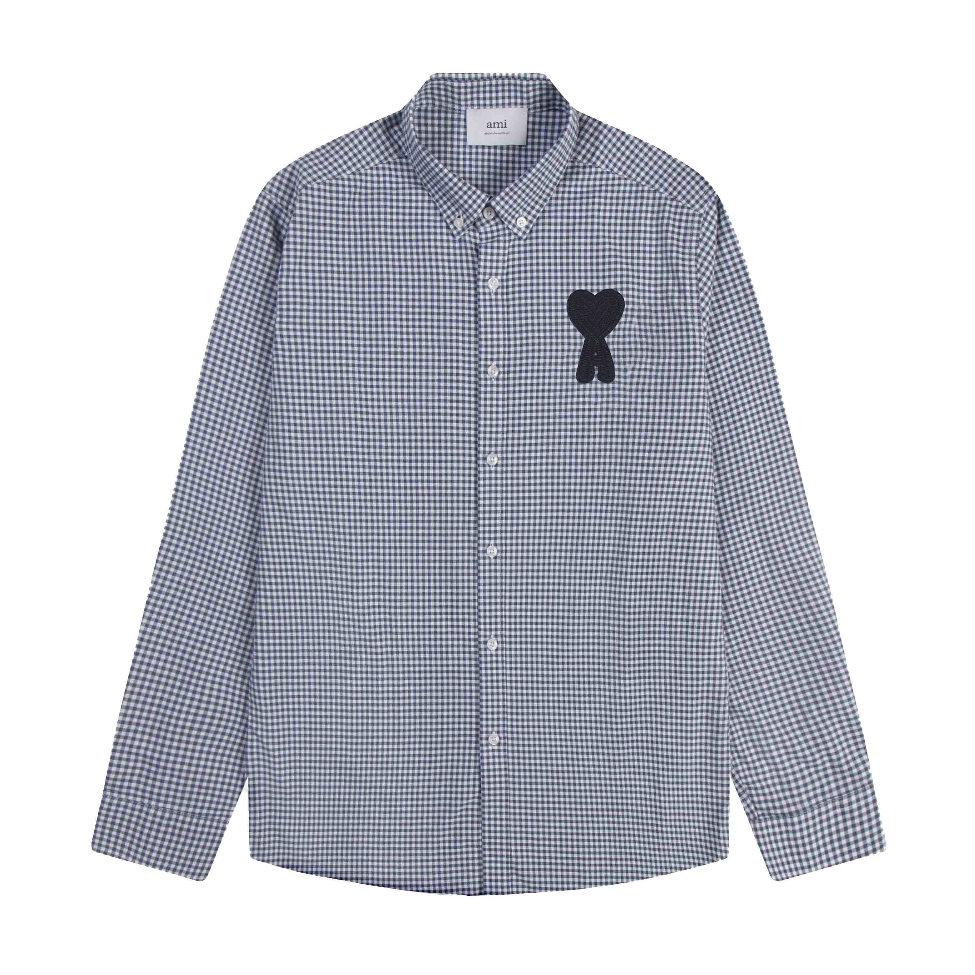 Camisa de manga larga de algodón oxford P103 Ami con bordado de parche de cuadros, color: cuadros azul marino, tallas: …