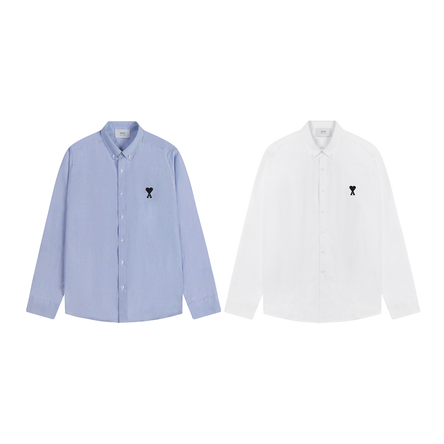 Camisa de manga larga de algodón oxford P103 Ami con bordado de etiqueta negra liso, colores: cuadros azul marino, cuad…