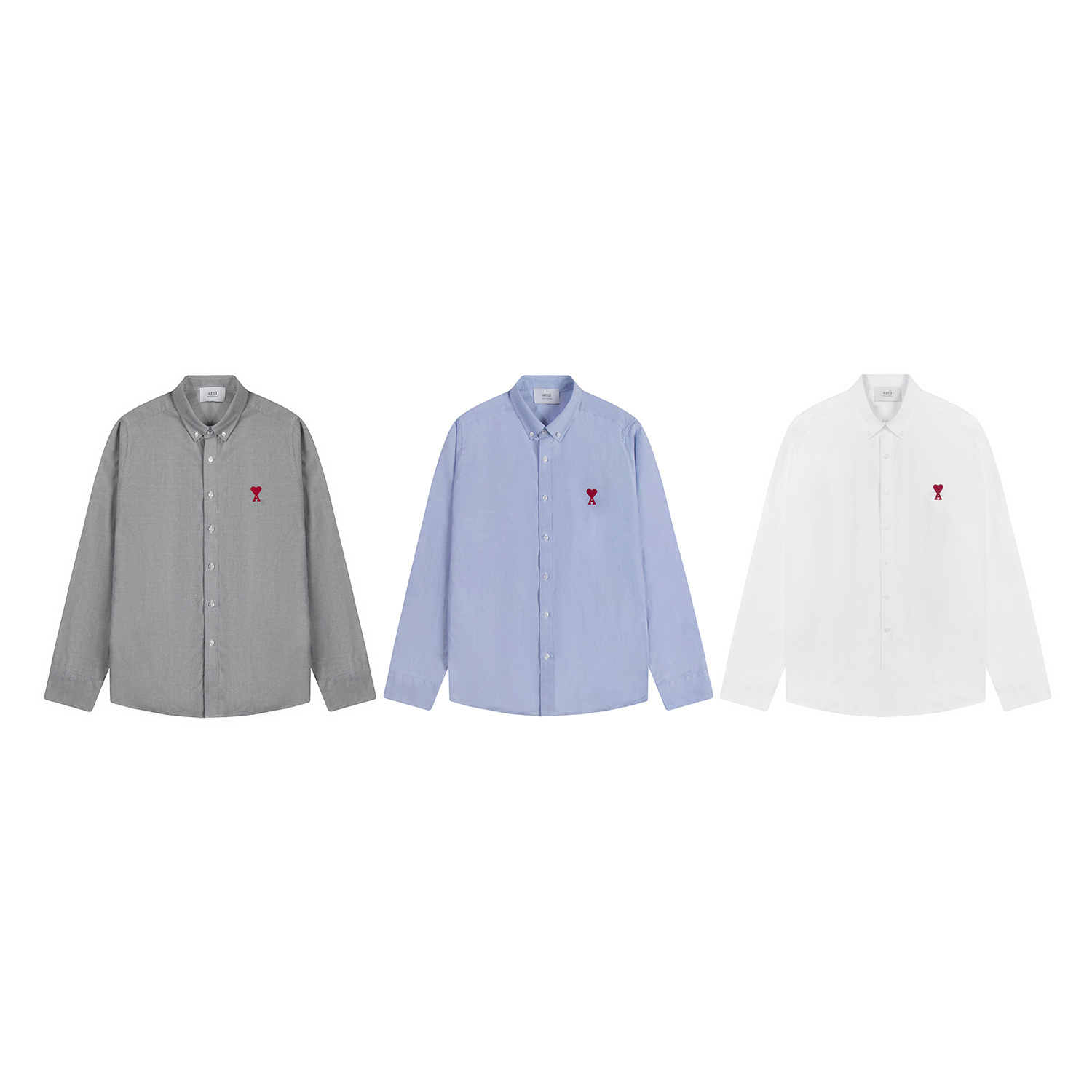 Camisa de manga larga de algodón oxford liso P103 Ami con bordado de corazón rojo y logo pequeño, colores: bl…