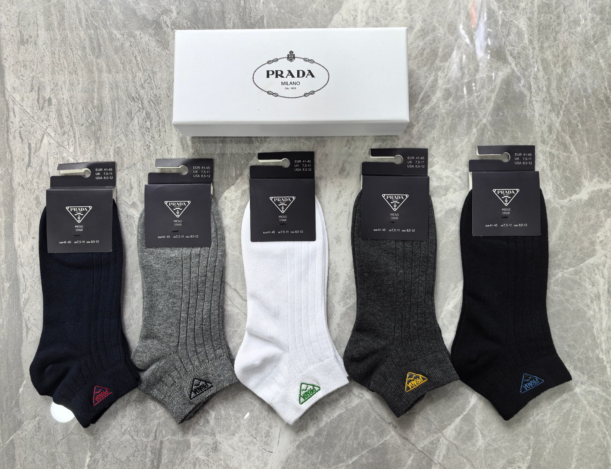 外单系列：纯棉、PRADA（普拉达）一盒5双入、现货